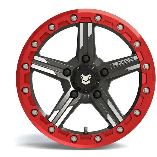 Red and black Bullite wheel rim with a five-spoke design.