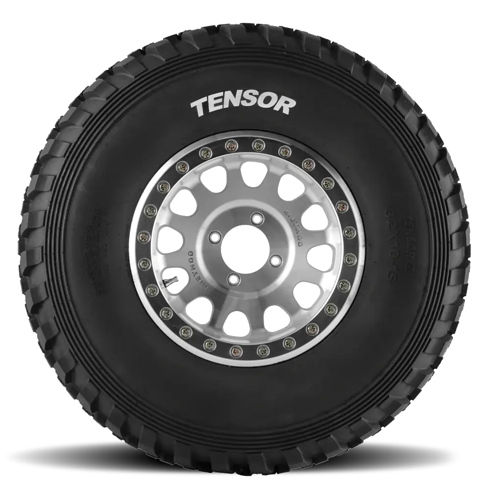 Tensor DS Desert Series Tire for UTVs showcasing thick tread blocks and ribbed sidewall shoulder for enhanced performance.